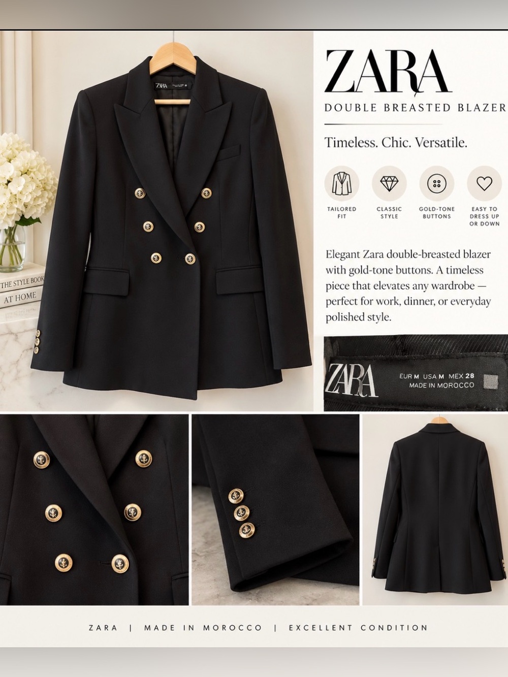 Zara Black Double-Breasted Blazer with Gold-Tone Buttons